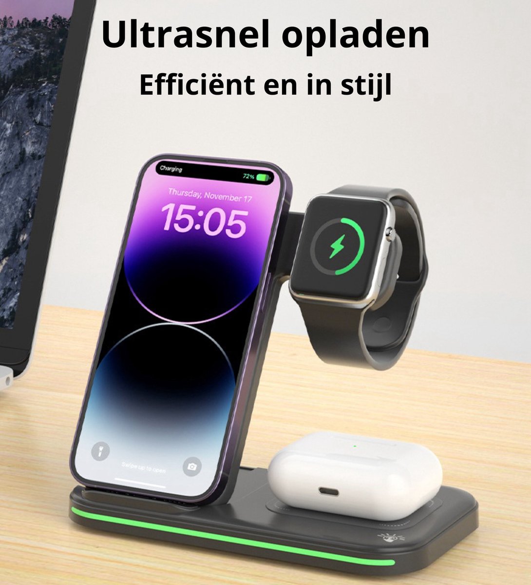 3-in-1 Draadloze Oplader voor Smartphone, Smartwatch en Airpods — cadeau in Telefoon & Tablet - foto 6