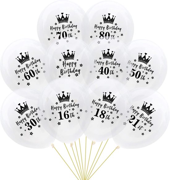 Tien doorzichtige ballonnen met opdruk 'Happy Birthday' en diverse leeftijden (30, 70, 16, 18, 21, 80, 60, 40, 50 th) met een kroon.