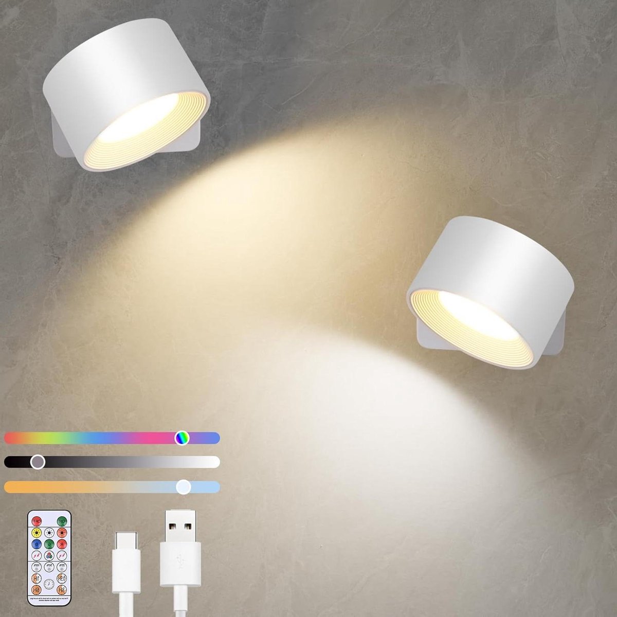 2 stuks USB-C wandlamp voor binnen zonder stroomaansluiting - dimbare LED lampen met magneetbal en afstandsbediening - 360° draaibaar - 19 RGB-kleuren