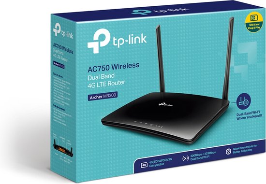 TP-Link AC750 Wireless Dual Band 4G LTE Router Archer MR200 verpakt in een blauwe doos met productafbeelding.