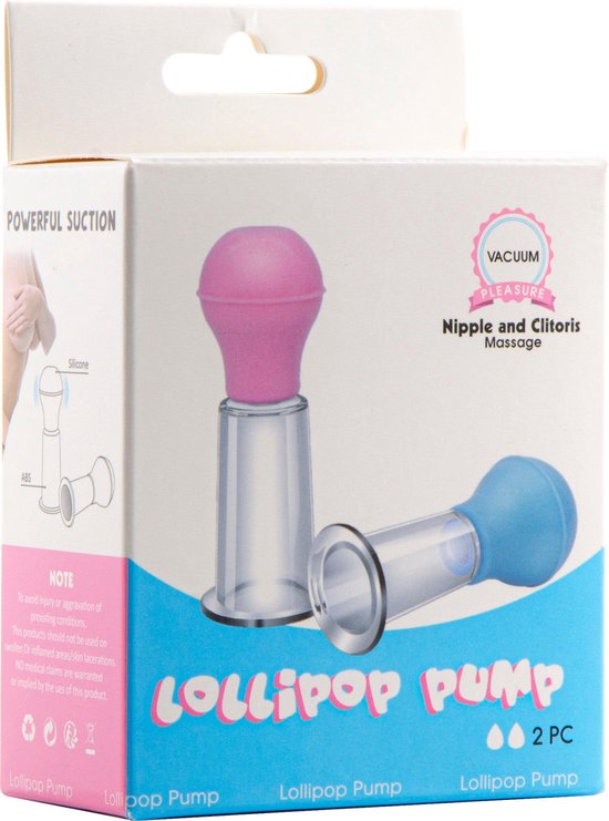 Emballage de deux pompes téton 'Lollipop Pump'. Une avec un piston bleu, une avec un rose. Illustration d'utilisation incluse.