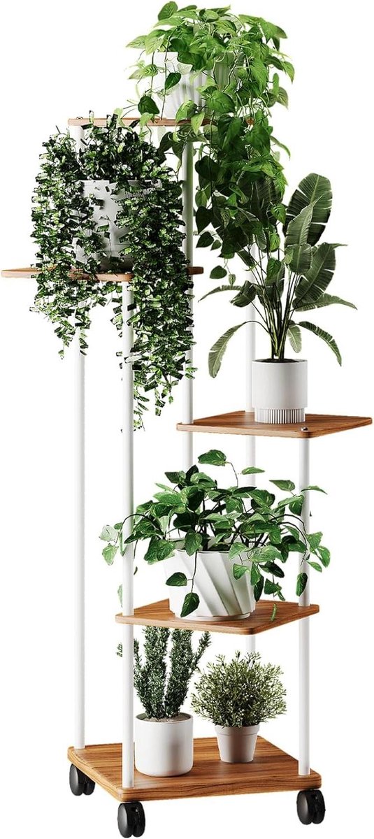 Bloemenrek 5 dieren houten plantenrek decoratief en functioneel met optionele wielen Bloemenstandaard voor binnen tuin en balkon