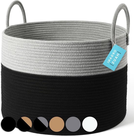 Winter Shore Grote wasmand, zwart, geweven, plaid mand met handgrepen voor het opbergen van speelgoed, handdoeken, decoratie van kinderkamer of woonkamer, 60 x 35 cm