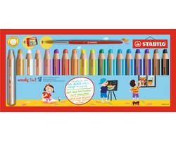 STABILO woody 3 in 1 - Multi Talent Kleurpotloden - Etui Met 18 Kleuren, Puntenslijper & Penseel