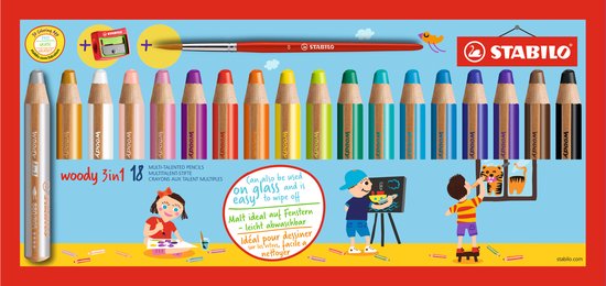 STABILO woody 3 in 1 - Multi Talent Kleurpotloden - Etui Met 18 Kleuren, Puntenslijper & Penseel