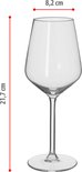 Un verre à vin transparent vide mesurant 21,7 cm de hauteur et 8,2 cm de largeur.