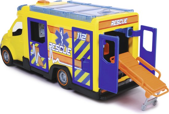 Gele ambulance met open achterdeuren, een oranje brancard, en sirene lichten.