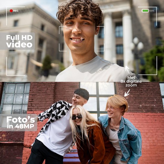 Bovenste foto: Man lacht naar de camera, met "Full HD video" overlay. Onderste foto: Drie vrienden lachen, met "Foto's in 48MP" en "8x digitale zoom" overlays.