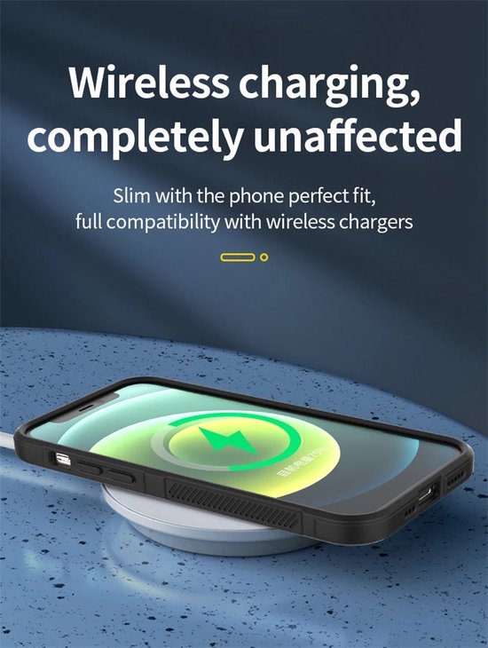 Zwarte telefoonhoes op een draadloze oplader, met tekst "Wireless charging, completely unaffected".
