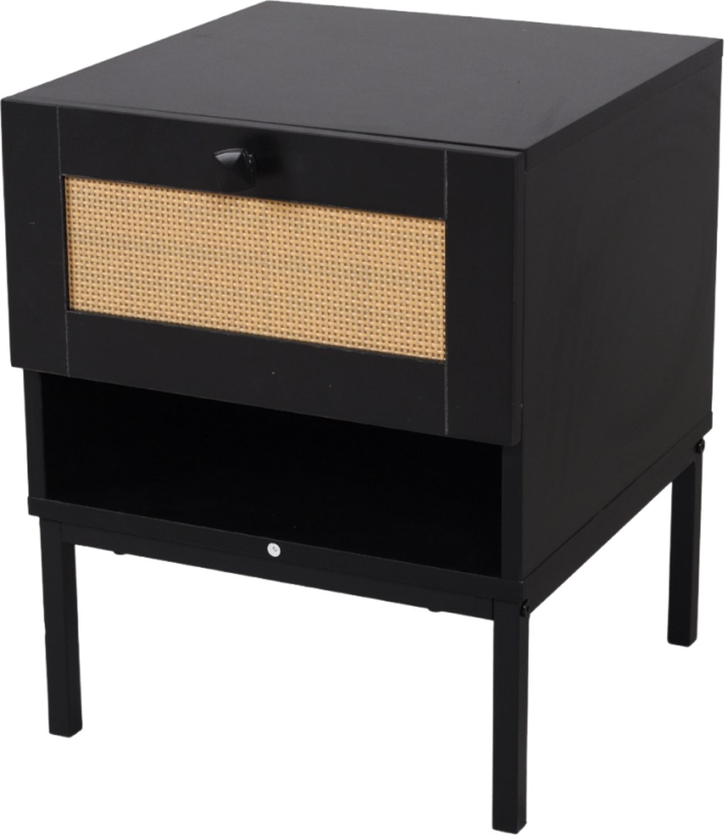 SensaHome Nachtkastje Japandi 4 Poten - Antiek met Rotan Bovenkant - 40x40x50cm- 8.7 kg - Zwart