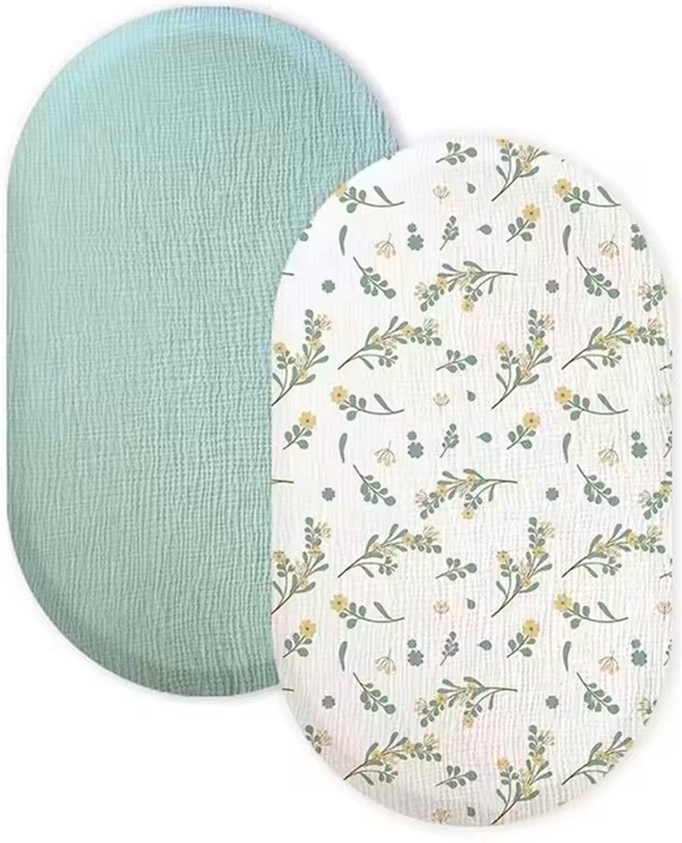 Image of 2 Stuks - Hydrofiele Baby Hoeslaken Wieg - Kinderwagen matras - 80x40 cm - Mintgroen en Crème Gele Bloemetjes - Aankleedkussenhoes