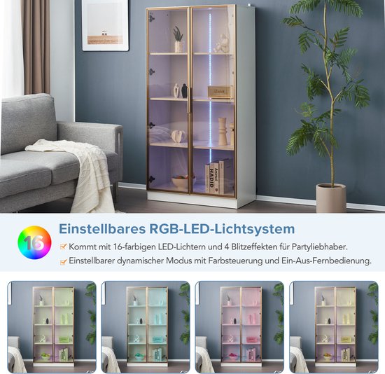 Sweiko Vitrine en verre Witte avec éclairage LED 16 couleurs, Vitrine à étagère mobile à double porte, 80 * 40 * 160 cm, armoire haute de salon, vitrine verticale, armoire de salle de bain