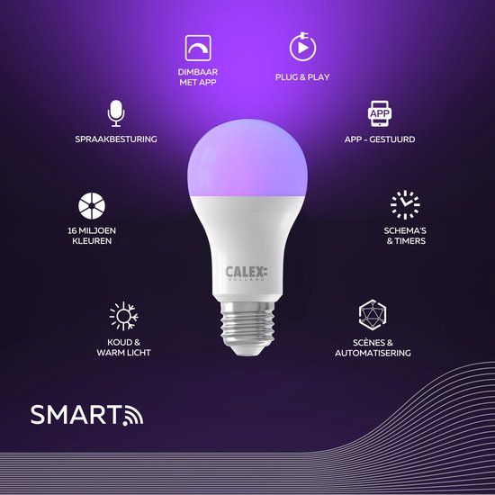 Calex E27 slimme lamp met 16 miljoen kleuren en diverse functies.