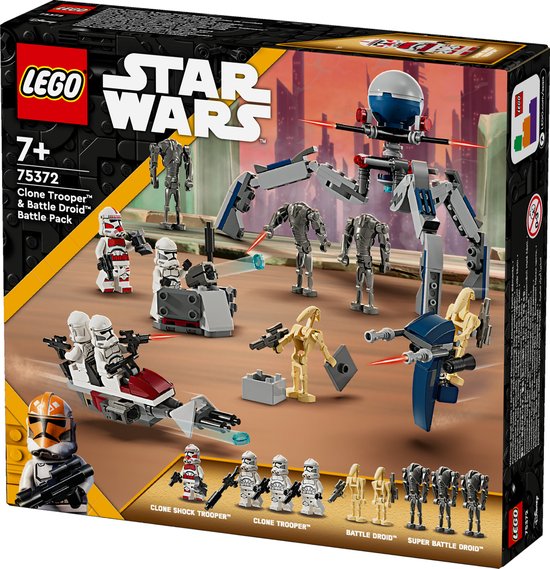 LEGO Star Wars 75372 box: 3 rode Clone Shock Troopers, 3 witte Clone Troopers, 3 Battle Droids, 4 Super Battle Droids, speeder bike en een grote spin-mech.