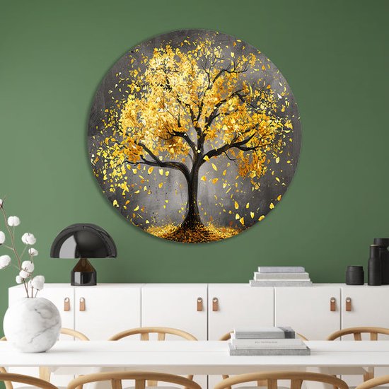 Décoration murale arbre rond - Tableau rond nature - Plaque murale feuilles - Or - Tableaux ruraux - Bol mural - Accessoires chambre cercle mural forex 100x100 cm