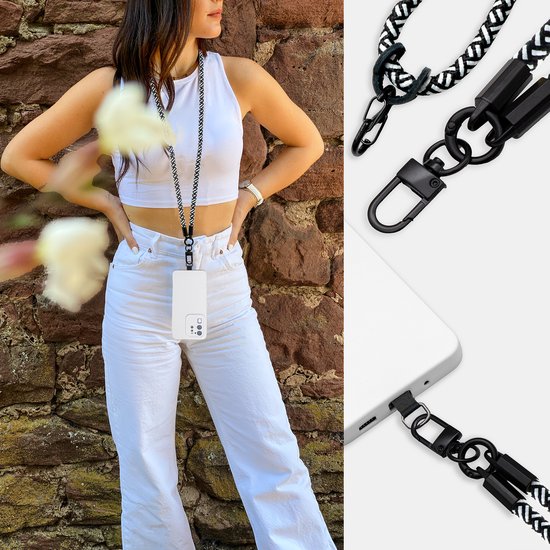 Chaîne de téléphone portable Cadorabo adaptée à HTC Desire 616 en NOIR - BLANC avec cordon de sangle réglable à accrocher autour du cou