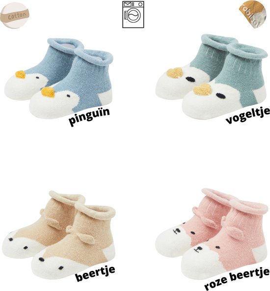 babysokken set van 5 - vogeltje, pinguïn, diertje, roze beer & poes - antislip - 0-12 maanden - baby - slofjes - geschenkset - kraam cadeau