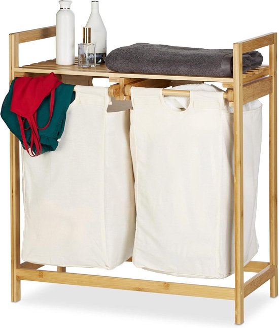 Relaxdays wasmand bamboe, met plank, 2 vakken, met waszakken