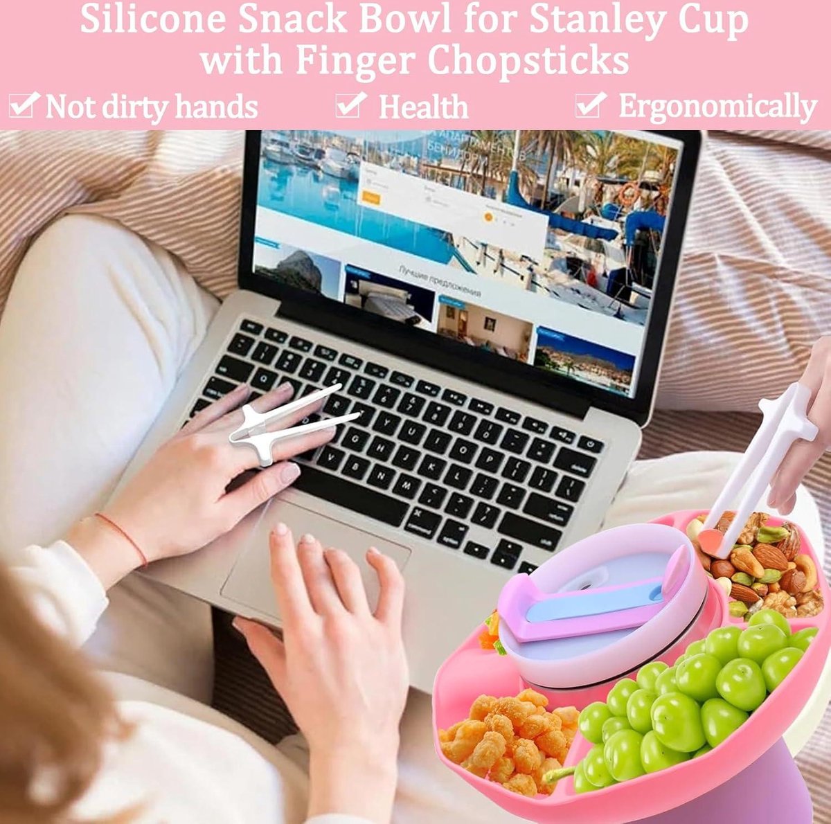 Stanley Cup 40 oz Snackschale, Silikonschale mit 4 Fächern und Deckel, Quencher-kompatibles Zubehör, für Süßigkeiten, Obst, Nüsse (Pink Stanley Cup 40 oz Snackschale, Silikonschale mit 4 Fächern und Deckel, Quencher-kompatibles Zubehör, für Süßigkeiten, Obst, Nüsse (Pink