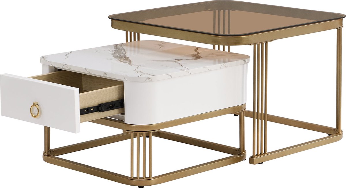 Merax Salontafel Set van 2 - Bijzettafel in Marmerlook en Theebruin Glas - Salontafels met Lade - Wit met Goud