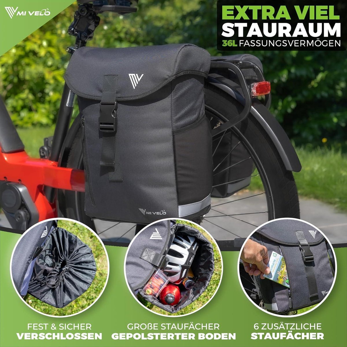 MIVELO Fietstas, dubbele tas van gerecycled materiaal, fietstas voor bagagedrager, 36 liter, incl. regenbescherming, bagagedragertas compatibel met MIK & Racktime adapter
