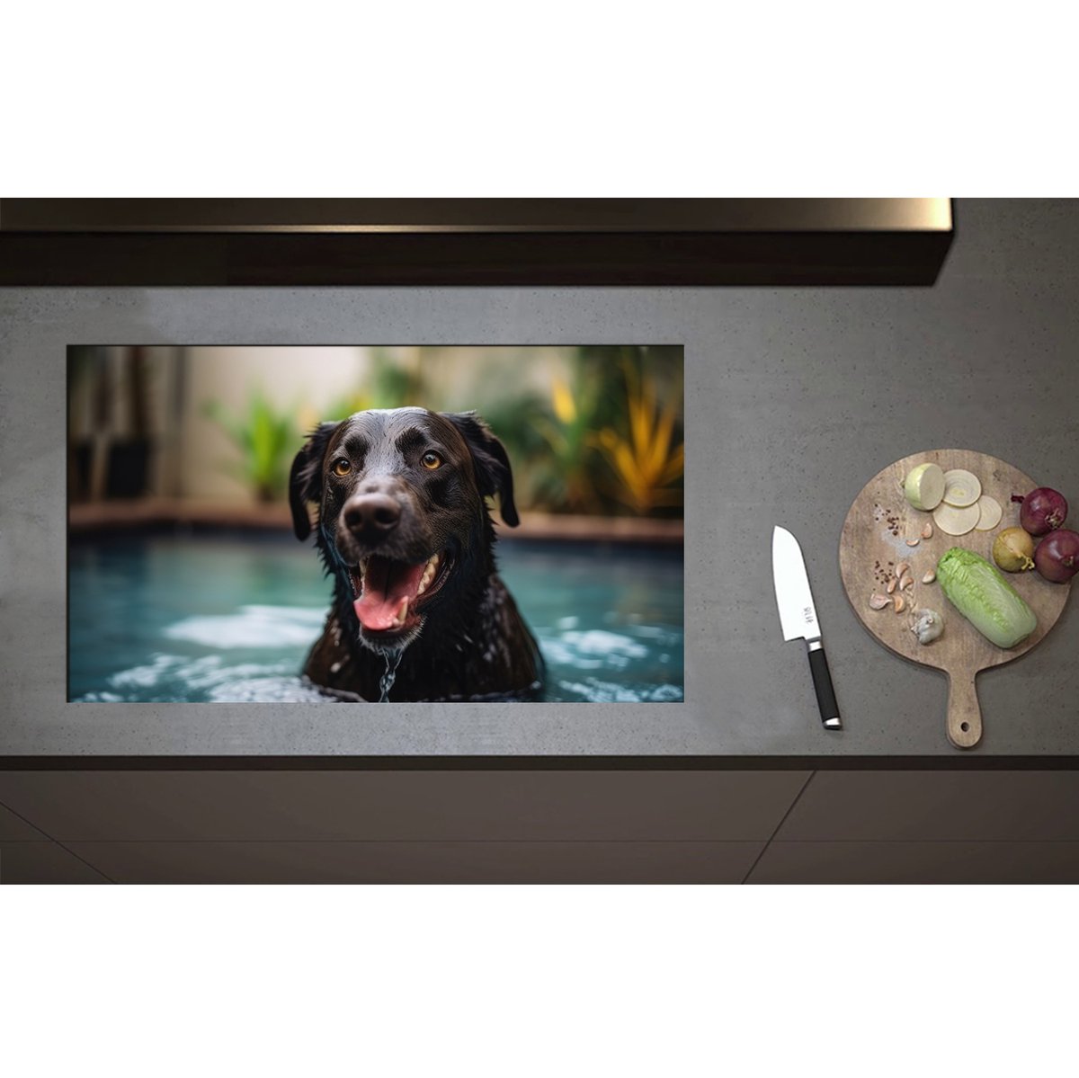 Inductieplaat Beschermer - Bruine labrador komt met zijn kop boven water na het zwemmen - 85x50 cm - 2 mm Dik - Inductie Beschermer - Bescherming Inductiekookplaat - Kookplaat Beschermer van Zwart Vinyl