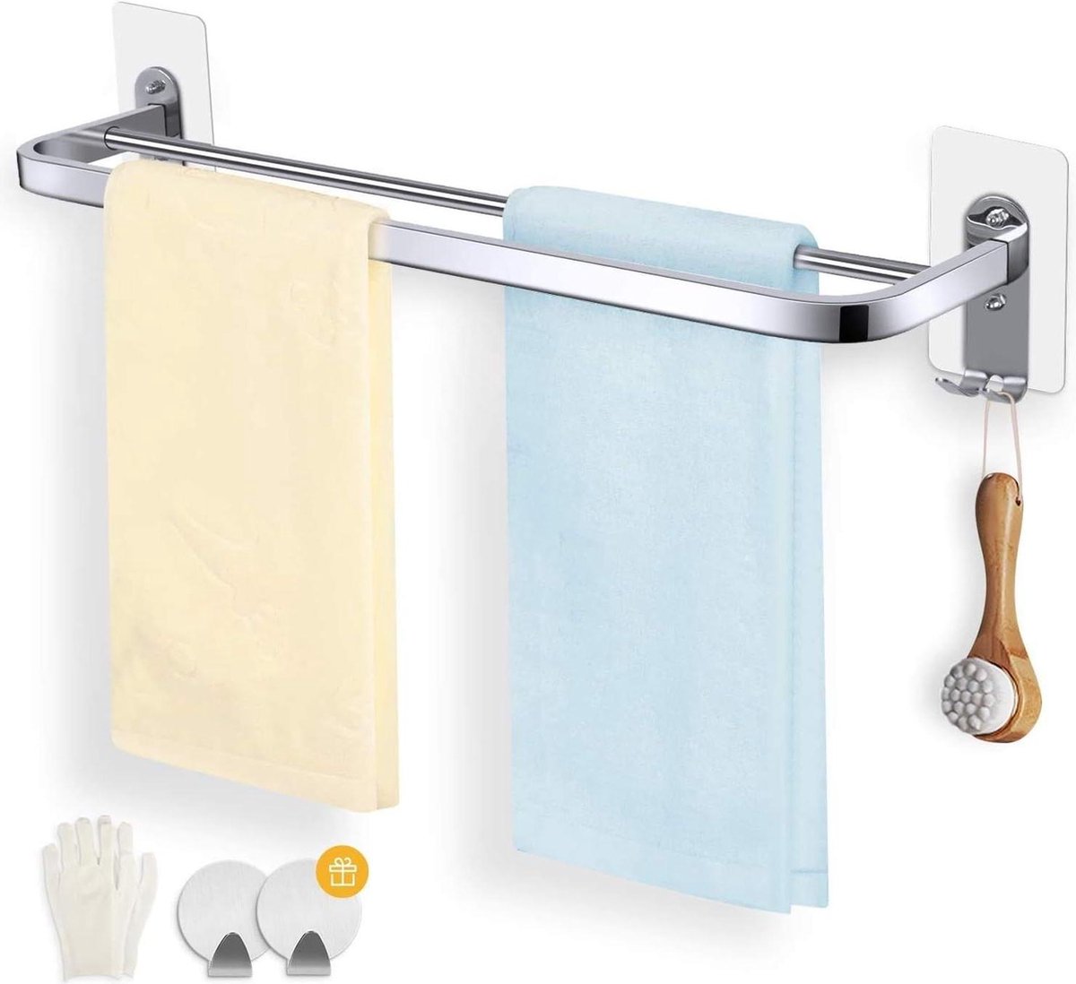 Zelfklevend handdoekrek roestvrijstaal 23 inch - Dubbele haken - Badkamer keuken accessoire handdoekenrek