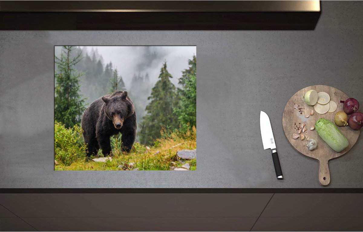 Inductieplaat Beschermer - Bruine beer in bos met grote bomen en bergen - 59x52 cm - 2 mm Dik - Inductie Beschermer - Bescherming Inductiekookplaat - Kookplaat Beschermer van Zwart Vinyl