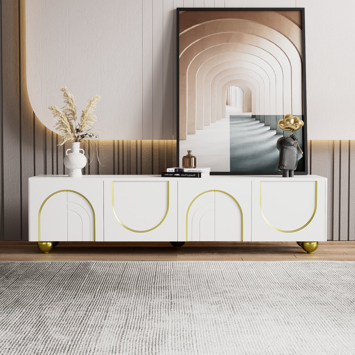Sweiko TV Kast, Ronde Gouden Poten, Push open, Wit, Laag Paneel met getextureerde deuren, versierd met gouden bogen, gouden sieraden