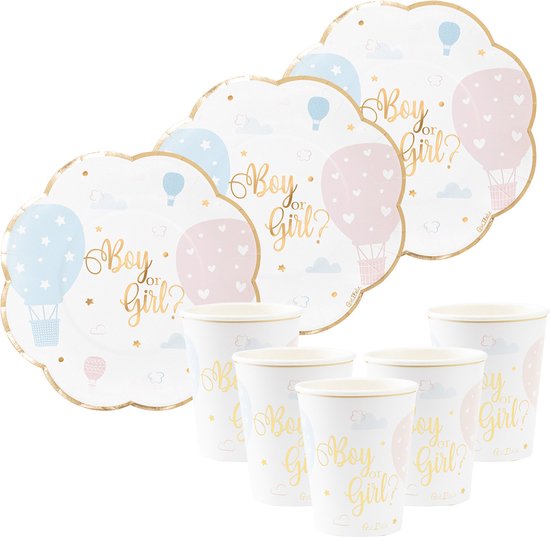 37P Geslacht Reveal Servies Set voor 16 Gasten, Roze en Blauw Papier