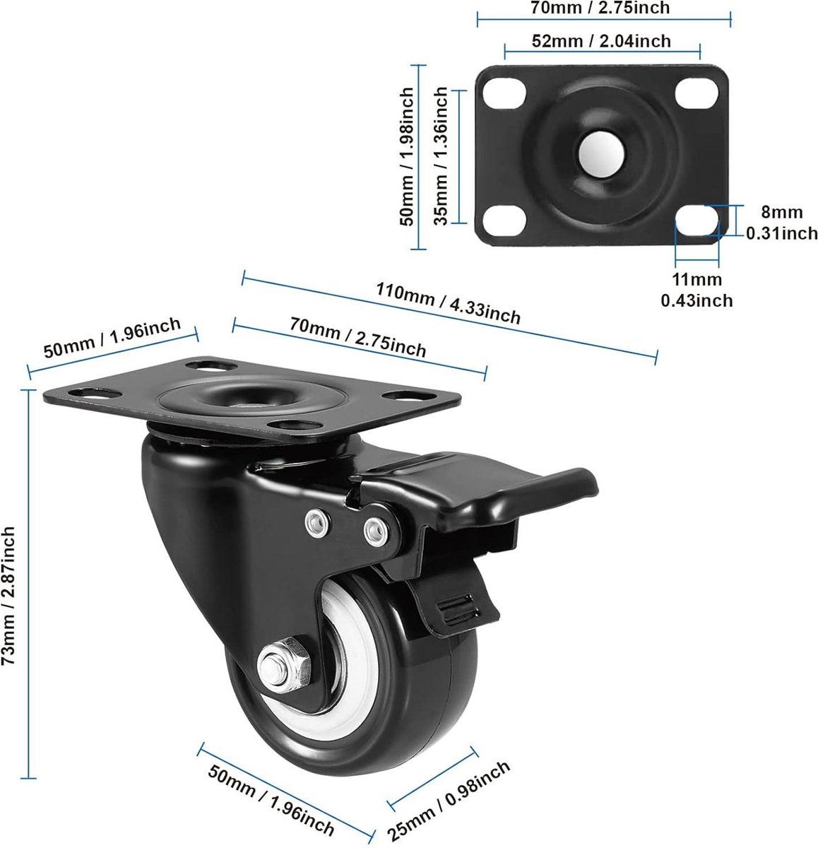 CPROSP 4 meubelwielen met rem, L-type wielen 50 mm, L, verticale houder, meubelwielen, zwenkwielen met rem, rubberen wielen voor meubels