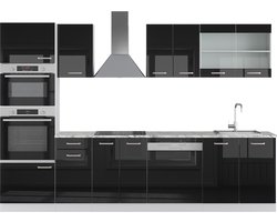 Vicco R-Line Complete keukeneenheid – 300 cm met hoge kast, met marmeren werkblad Zwart hoogglans met hoge kast, met marmeren werkblad