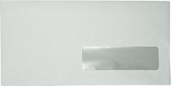 Witte envelop met venster rechts. Zelfklevend met plakstrip. Buitenmaten: 110 x 220 mm.