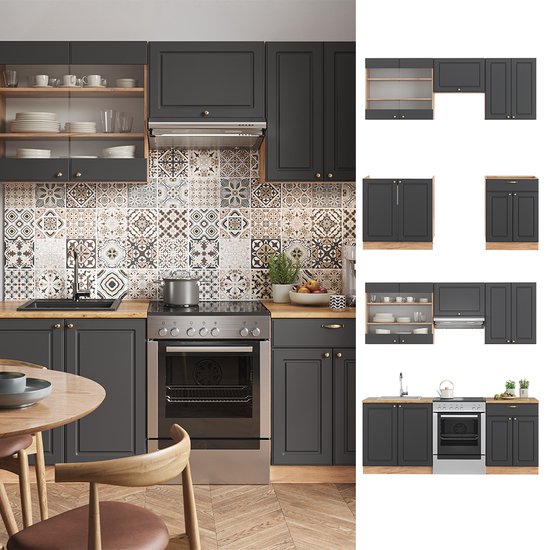 Vicco Fame- Line Meuble de cuisine complet – 200 cm, WB Chêne Anthracite Country House/ Goud Kraft Oak, WB Chêne