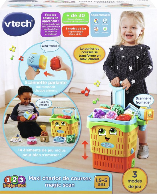 Kinderen spelen met een gele en oranje boodschappenkar en een scanner. De doos toont speelgoedeten en leerfuncties.