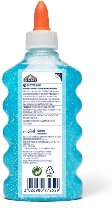 Arrière d'une bouteille de colle à paillettes bleue Elmer's avec informations sur le produit.