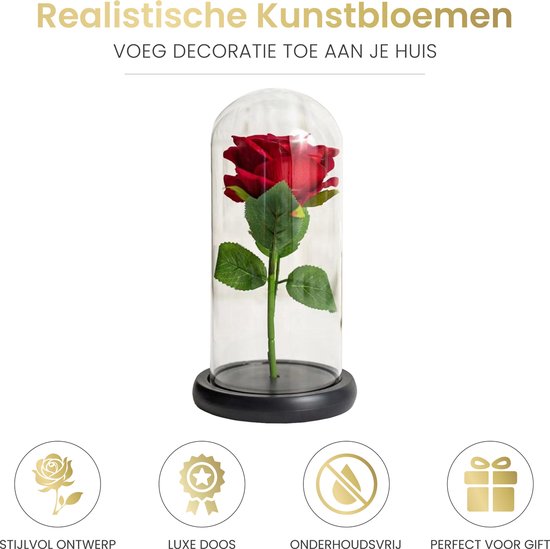 Realistische kunstbloem: rode roos in glazen stolp. Luxe doos, onderhoudsvrij, perfect cadeau.