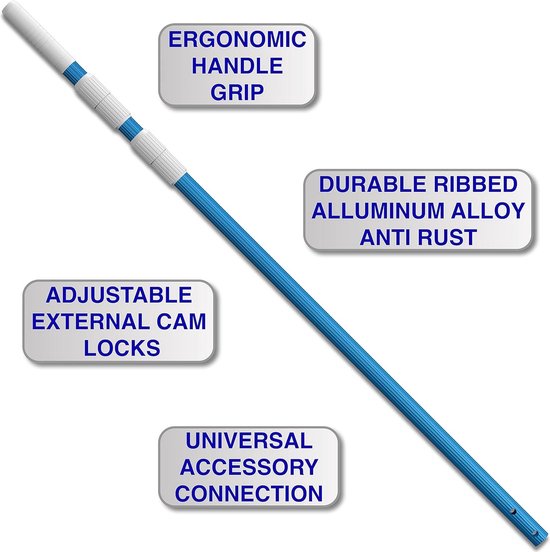 Greenerever 360cm Swimming Pool Telescopic Aluminum Rod for Skimmer Nets Vacuum Heads with Hoses Rakes Brushes | Adjustable Length | 1.1mm Commercial Thick Pole | Ribbed Finish Blue