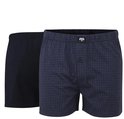 Twee heren boxershorts, één met blauwe pied-de-poule print, één effen blauw.