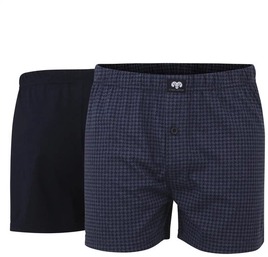 Twee heren boxershorts, één met blauwe pied-de-poule print, één effen blauw.
