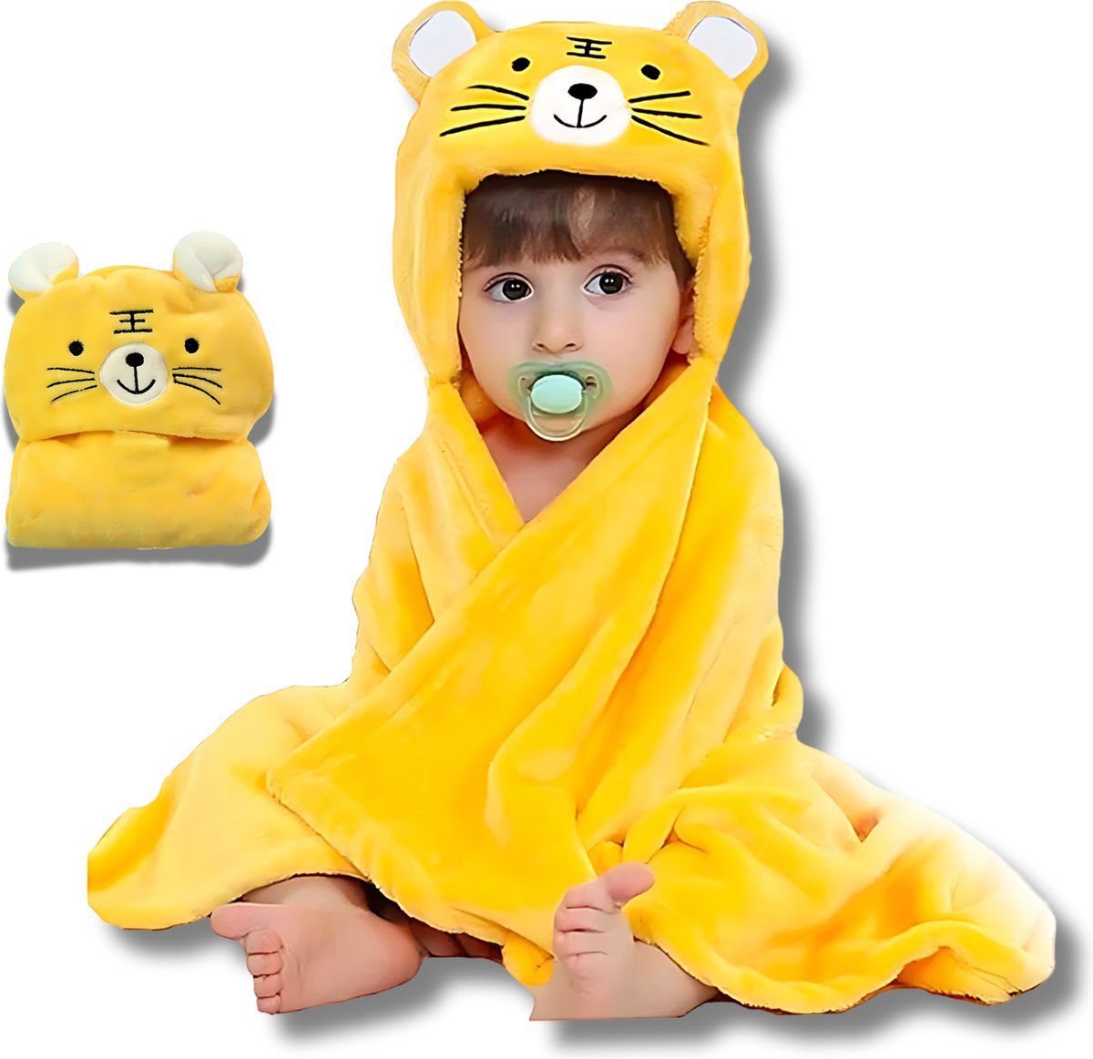 BoefieBoef 2in1 Tijger Baby Badcape en Kinder Wikkeldeken met Dieren Capuchon – Fleece Flanel Stof – Peuter Omslagdoek – 0-3 jaar - Kleuter Baby deken - Baby Badjas - Kerst- en Kraamcadeau - geel
