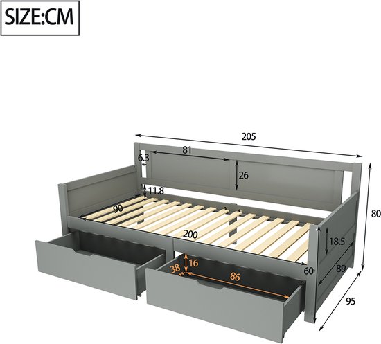 Hoogslaper 90 x 200 cm bureau, slaapbank en opbergruimte grenen en MDF wit matras - GOLIATH
