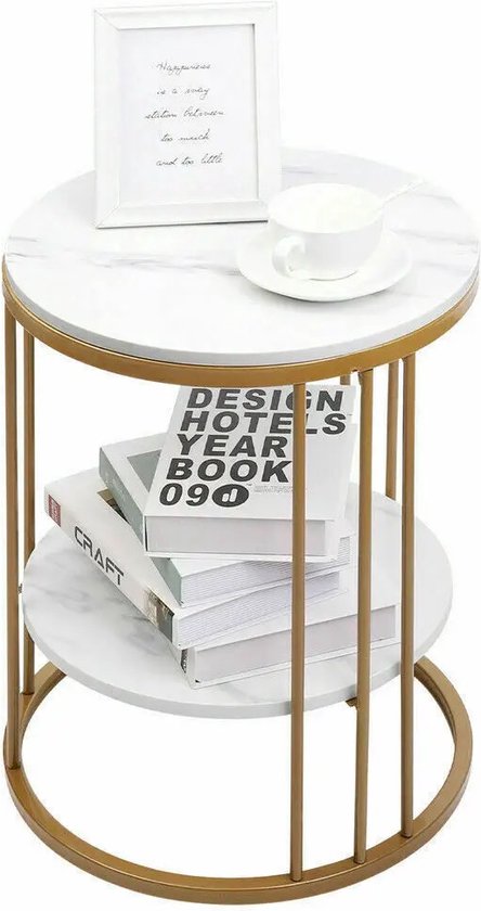 MS® - Bijzettafel - Koffietafel - Side table - Ronde tafel - Gouden ijzeren frame - Marmer tafelblad wit - Functioneel - Dubbellaags - L 40 x B 40 x H 54cm