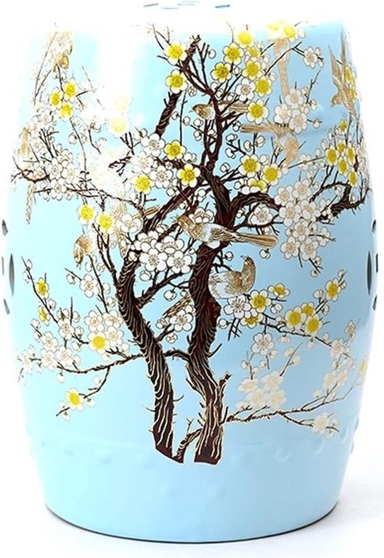 Fine Asianliving Keramische Kruk Blue Blossoms Handmade - Akira D30xH45cm Keramiek Bijzettafel Porselein Stoel Tuinkruk