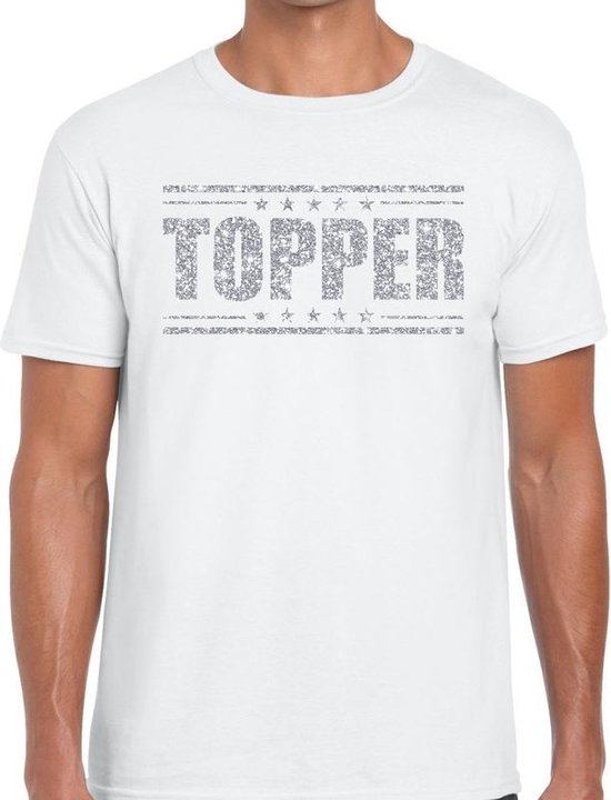 Helemaal droog schouder Mantel Toppers Wit Topper shirt in zilveren glitter letters heren - Toppers  dresscode kleding XXL | bol.com