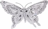 Decoratie vlinder zilver 15 x 11 cm - Vlinder versiering met zilveren glitters op clip 15 cm