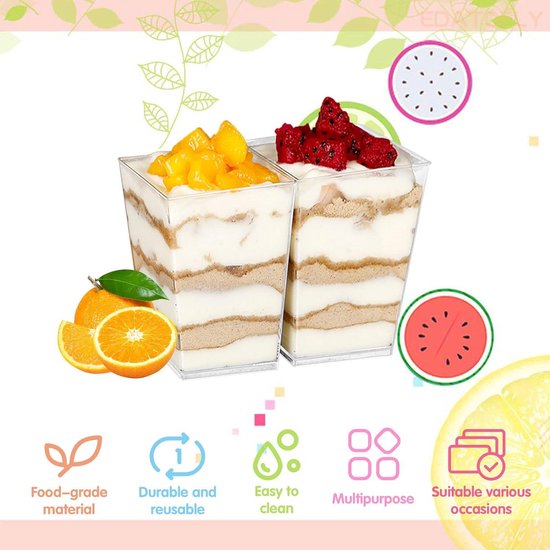50 stuks plastic dessertbekers 50 stuks lepels - 2oz / 60ml 50 stuks plastic dessertbekers 50 stuks lepels - 2oz / 60ml