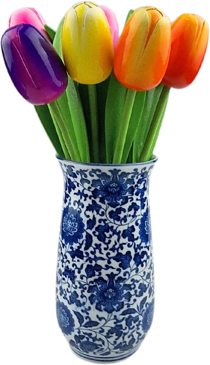 Delftsblauwe vaas met 10 tulpen in mix van kleuren (hoogte 34cm)