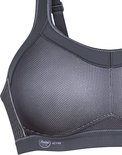 Grijze sportbeha met zilverkleurige mesh cups, naden en breed onderboord met logo.
