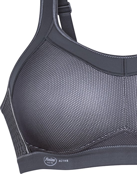 Grijze sportbeha met zilverkleurige mesh cups, naden en breed onderboord met logo.